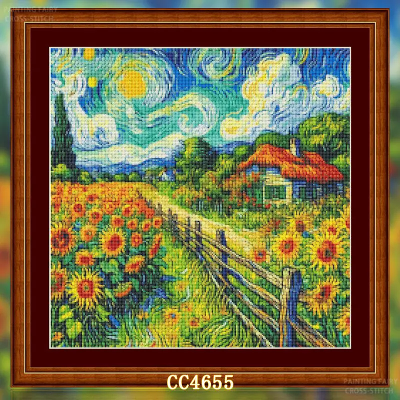 Cross Stitch Stamped Kits Beginners - [CC4656-Serie Van Gogh Granja de Girasoles]